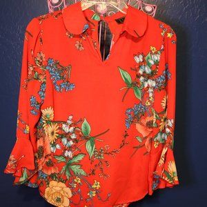OLM Long Sleeve Red with Multi-Color Flowers Blouse